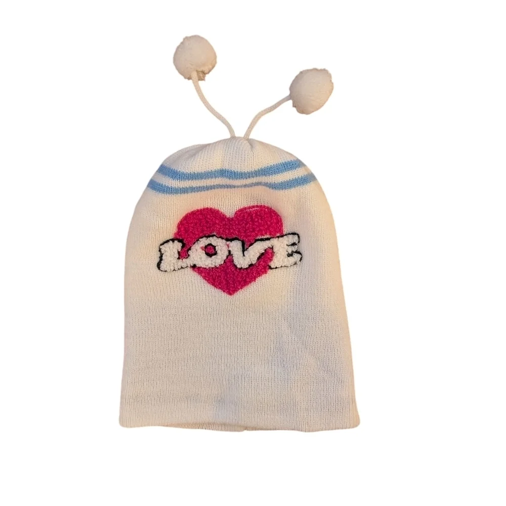 Baby Love Heart Knit Beanie  White and Pink Size 1-3 Baby